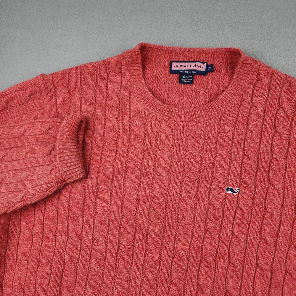 Vineyard Vines Sweater Mens XL Pink Wool Cable Knit Crewneck Pullover Whale Logo